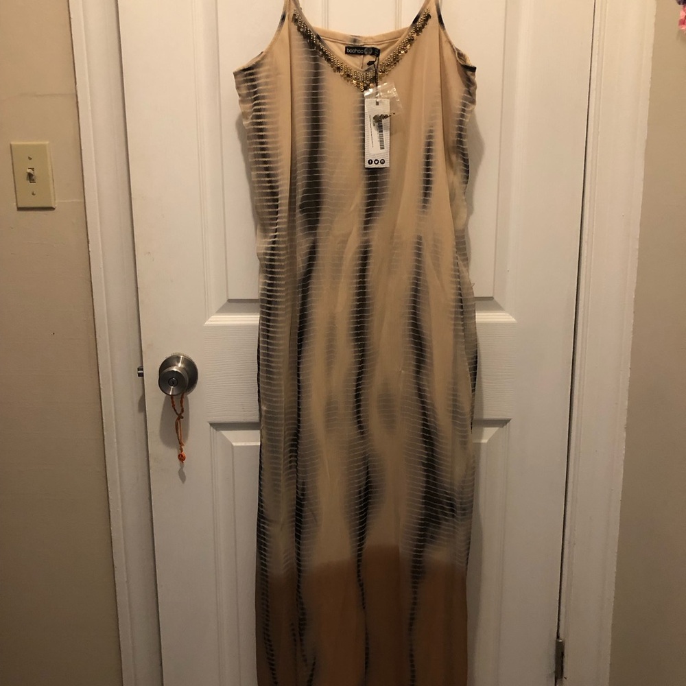 Boohoo Beige and Black Beaded-Neck Maxi Dress